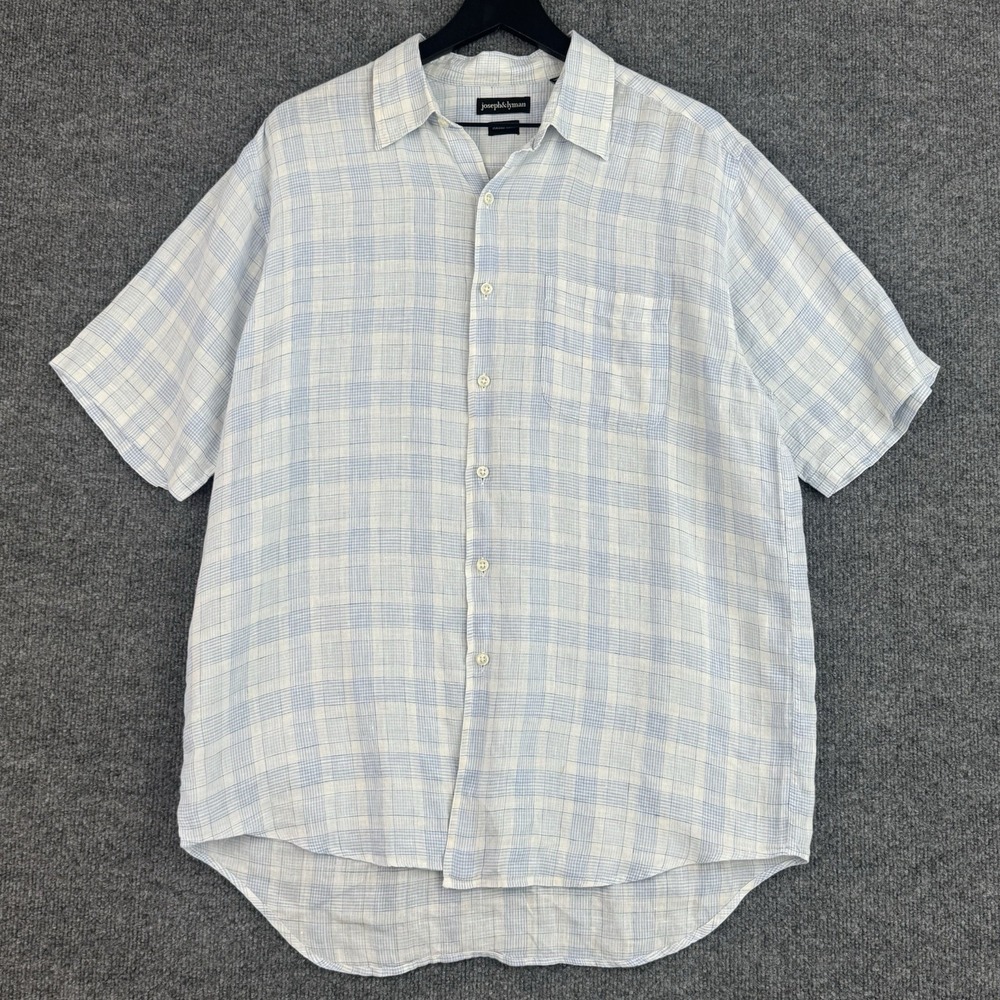 Joseph & Lyman Button Down Shirt Mens XL Blue White Plaid Italian Short Sleeve